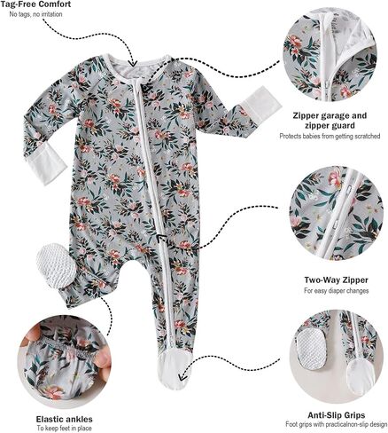 OPAWO Baby Girl Pajamas 3 Pack, Dubble Zipper Newborn Footie Pajamas with Mitten Cuffs, Infant Sleepers for Baby Boy Onsies(Flowers/Pink,12-18 Months) in Kuwait