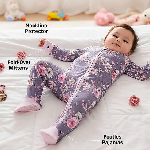 OPAWO Baby Girl Pajamas 3 Pack, Dubble Zipper Newborn Footie Pajamas with Mitten Cuffs, Infant Sleepers for Baby Boy Onsies(Flowers/Pink,12-18 Months) in Kuwait