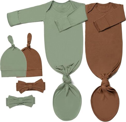 Newborn Baby Knotted Gown, Ultra-Soft Infant Sleeper Coming Home Outfit with Hat, Bowknot (2 Packs) in Kuwait
