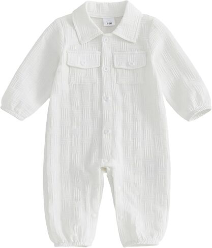 Newborn Baby Boy Clothes Texture Button Shirt Romper One-Piece Jumpsuit | Newborn Baby Boy Fall Clothes,Newborn Baby Boy Romper,Infant Boy Jumpsuits,Solid,Texture,Button Down Romper,Collared Jumpsuit in Kuwait
