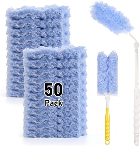 50 Count Disposable Heavy Duty Duster Refills Kit with Handle | 360° Duster Refills Microfiber Duster Feather Duster Electrostatic Lock-Dust System for Cleaning Furniture Blinds Electronics in Kuwait