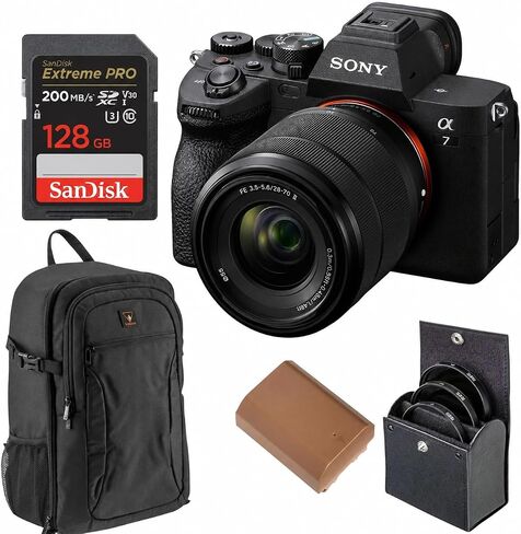 Sony Alpha a7 IV 33MP 4K Ultra HD Mirrorless Camera with FE 28-70mm f/3.5-5.6 OSS II Lens, Black - Bundle with 128GB Memory Card, Backpack, Extra Battery, and Filter Kit in Kuwait