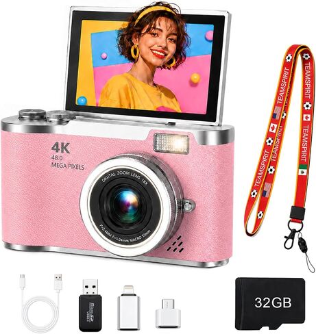 4K Digital Camera with Flip Screen, 4800W Point and Shoot Digital Cameras for Photography, 180° Rotating Selfie Camera with 32GB SD Card,Neck Lanyard,Fill Light for Teens Kids Travel(Pink) in Kuwait