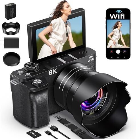 8K Digital Camera, 88MP Cameras for Photography, WiFi Vlogging Camera for YouTube with 3" 180° Flip Screen, 18X Zoom UHD Autofocus Video Camara with Lens Hood, 64GB Card in Kuwait