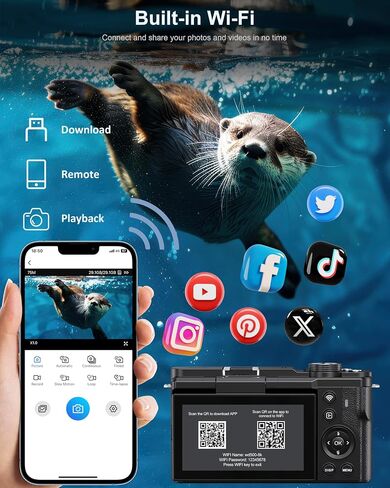 8K Digital Camera, 88MP Cameras for Photography, WiFi Vlogging Camera for YouTube with 3" 180° Flip Screen, 18X Zoom UHD Autofocus Video Camara with Lens Hood, 64GB Card in Kuwait