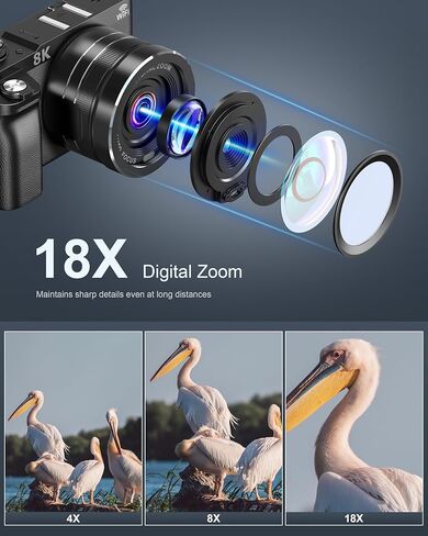 8K Digital Camera, 88MP Cameras for Photography, WiFi Vlogging Camera for YouTube with 3" 180° Flip Screen, 18X Zoom UHD Autofocus Video Camara with Lens Hood, 64GB Card in Kuwait