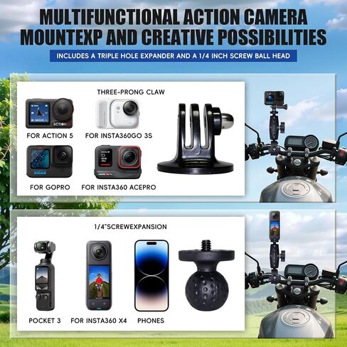 Motorcycle Mount for Insta 360 X4 X5, 59" Concealed Selfie Stick Kit, Bicycle Handlebar Clip Mount, Suitable for Motorcycles Bicycle Riding Recording, for GoPro Camera Accessories in Kuwait