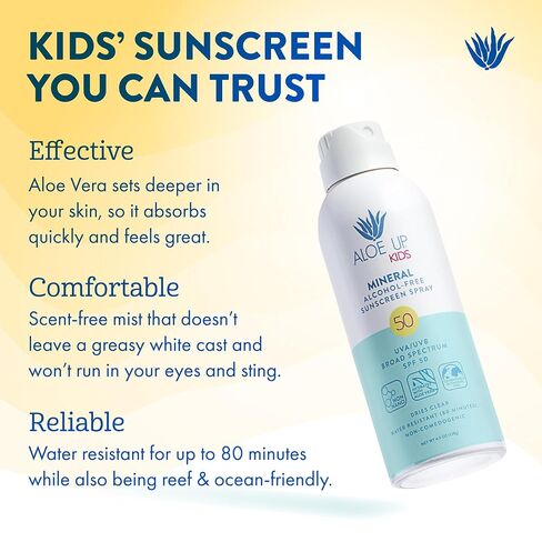 Aloe Up Kids Mineral Sunscreen Spray SPF 50, Zinc Oxide, 4.5 oz | Broad-spectrum mineral SPF 50; Gen2 zinc oxide, dries clear;, gentle for kids; Water resistant up in Kuwait