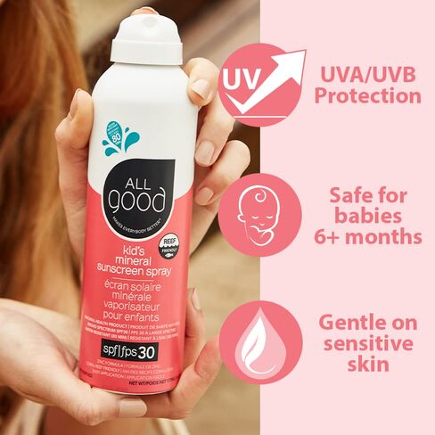 All Good Baby & Kids Sunscreen Spray - UVA/UVB Broad Spectrum, SPF 30, Zinc Oxide, Coral Reef Friendly, Water Resistant, Calendula, Aloe (6 oz)(2-Pack) in Kuwait