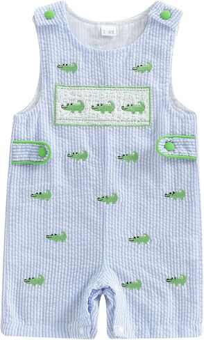 Newborn Baby Boys Sleeveless Seersucker Romper One Piece Crocodile Overalls Striped Jumpsuit Summer Smocked Clothes in Kuwait