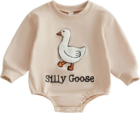 Infant Baby Girl Boy Goose Clothes Embroidery Crewneck Long Sleeve Bubble Romper One Silly Goose Birthday Outfit in Kuwait