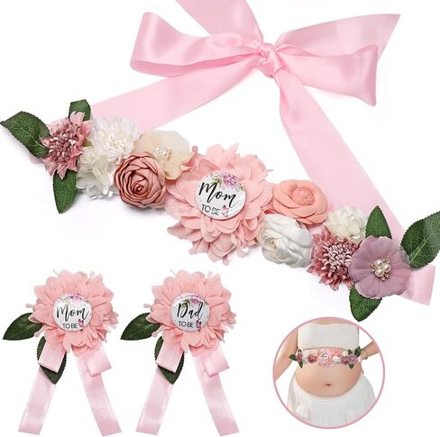 3PCS Mom to Be Sash Set, Satin, for Baby Shower Gender Reveal | Includes Mom Dad to Be Pins, Adjustable Sash, Floral Design, for Maternity Photos Baby Showers, Reusable in Kuwait