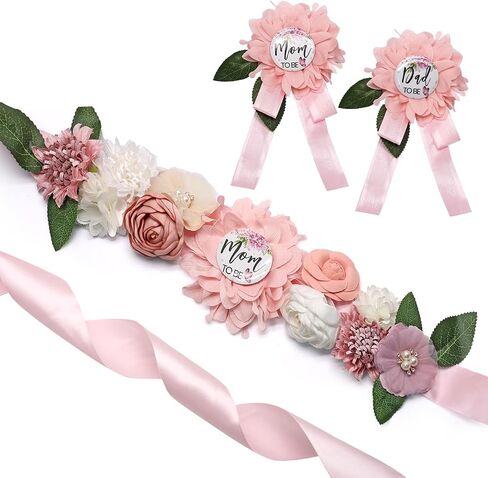 3PCS Mom to Be Sash Set, Satin, for Baby Shower Gender Reveal | Includes Mom Dad to Be Pins, Adjustable Sash, Floral Design, for Maternity Photos Baby Showers, Reusable in Kuwait