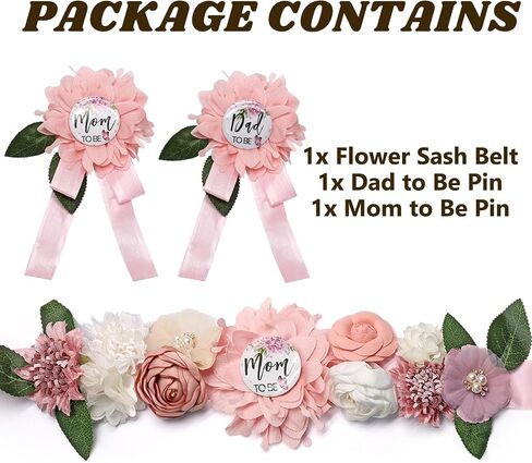 3PCS Mom to Be Sash Set, Satin, for Baby Shower Gender Reveal | Includes Mom Dad to Be Pins, Adjustable Sash, Floral Design, for Maternity Photos Baby Showers, Reusable in Kuwait