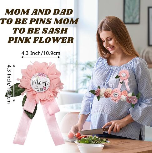 3PCS Mom to Be Sash Set, Satin, for Baby Shower Gender Reveal | Includes Mom Dad to Be Pins, Adjustable Sash, Floral Design, for Maternity Photos Baby Showers, Reusable in Kuwait