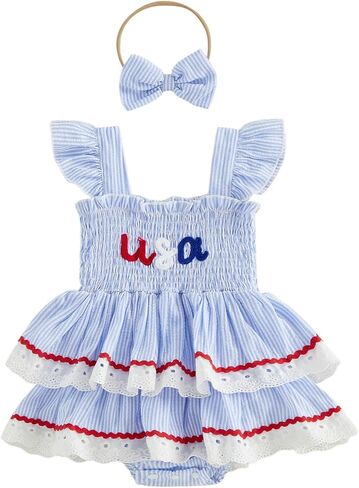 Newborn Baby Girl 4th of July Outfits Smocked Stripe Ameican Flag/USA Layered Romper Dress Bodysuit Headband 0-18M in Kuwait