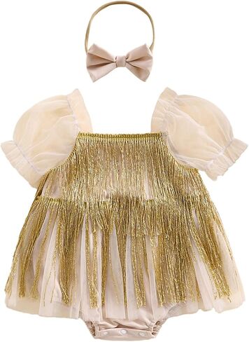 Summer Clothes Newborn Baby Girl Fringe Tassel Romper Dress Mesh Short Puff Sleeve Bodysuit Princess Bubble Outfit in Kuwait