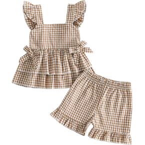 PUHHAPIEY Toddler Baby Girls Summer Outfit Gingham Ruffle Tank Shirt Short | 6 12 18 24 Month 2T 3T Girl Clothes, Sleeveless Ruffle Dress Top + Short Set, Gingham Outfit, Soft and Breathable, Cute in Saudi Arabia
