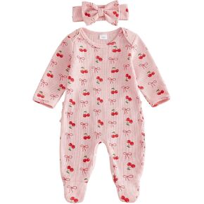 Newborn Girl Waffle Knit Footed Romper | Long Sleeve, Cherry/Bow Pattern, Baby Coming Home Clothes, Bow Headband, Fall Winter Outfit in Kuwait