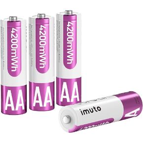 imuto 4200mWh Rechargeable AA Lithium Batteries 4-Pack, 1.5V High Power | Up to 2500+ Cycles, CBPI Sealing Tech, High-Capacity Li-ion Cells for Game Controllers, Smart Locks, Cameras & Toys in Kuwait