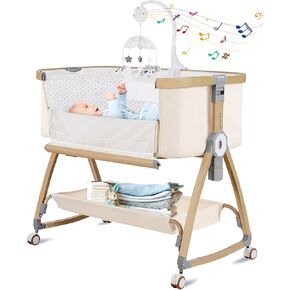 Bedside Bassinet for Baby,Bassinet Bedside Sleeper,Rocking Bassinet,Grey | 4 in 1 Portable Bedside Crib with Mattress,Music Mobile,Storage,Mosquito Net,6-Height Adjustable,Lockable Wheels,for Newborn in Kuwait