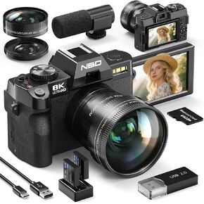 8K Digital Camera 64MP with WiFi & 180° Flip Screen, F1.8 Lens 16X Zoom Vlogging Camera for YouTube, Dual Battery 200Mins Recording, External Mic, 64GB TF Card for Beginners Travel (Black) in Kuwait