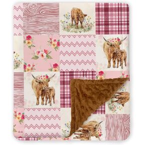 Highland Cow Baby Blanket for Girls, Western Minky Blankets for Daughters, Nursery Room Decor, Pink Soft Warm Lightweight Nursery Bed Blanket for Newborn Toddlers, Double Layer with Dotted Backing in Kuwait