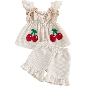 Baby Girl Summer Clothes Toddler Cute Cherry Outfits Bow Plaid Sleeveless Vest Tops Dress Shorts Set 2Pcs in Kuwait