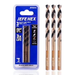 1/4" High Speed Steel Black & Gold Coated Drill Bit, Jobber Length with 3-Flat Shank, 135 Degree Split Point. Ideal for Steel, Wood and Plastics. Suitable for DIY & General Purpose Usage. (3 pcs) in Kuwait