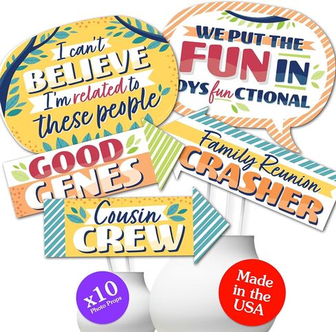 Funny Family Reunion Photo Booth Prop Kit, DIY Setup - 10pc | Family Gathering Party Decorations, Arrow and Speech Bubble Shapes for Adults or Kids, Prop Sticks Included, USA-made in Kuwait