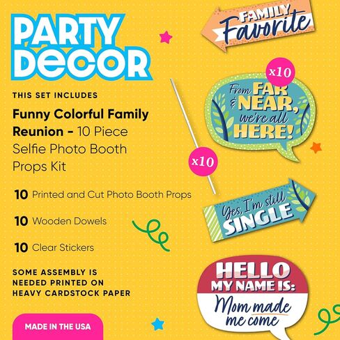Funny Family Reunion Photo Booth Prop Kit, DIY Setup - 10pc | Family Gathering Party Decorations, Arrow and Speech Bubble Shapes for Adults or Kids, Prop Sticks Included, USA-made in Kuwait