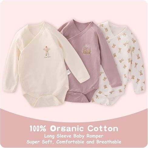 Organic Cotton 3-18M Unisex Kimono Snap Newborn Baby Bodysuit | Ultra Soft, Breathable, Double-Layer Belly Cover, Easy Diaper Changes, No Shrinking Fading or Pilling Wash After Wash in Kuwait