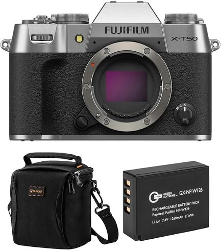 Fujifilm X-T50 Mirrorless Digital Camera, Silver, Bundle with Green Extreme Battery and Shoulder Bag (Silver) in Kuwait