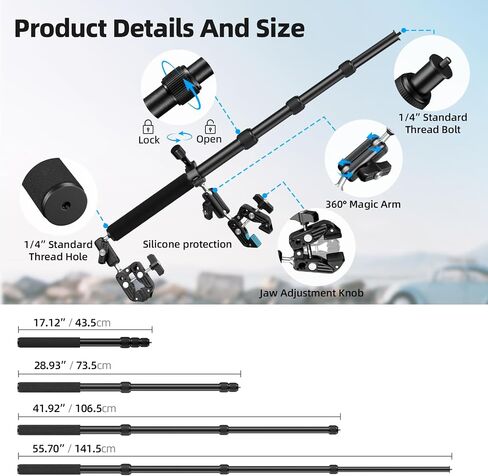 EMART Motorcycle Mount Kit for Insta 360 X4 X5, Bike Handlebar Clamp Mounts | Motorcycle Camera Mount with 55.7" Invisible Selfie Stick for Insta 360 X5 X4 X3 X2 X ONE/DJI OSMO/360 Camera/GoPro in Kuwait