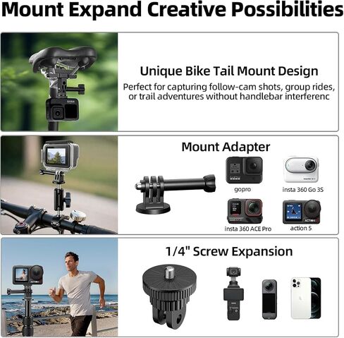 EMART Motorcycle Mount Kit for Insta 360 X4 X5, Bike Handlebar Clamp Mounts | Motorcycle Camera Mount with 55.7" Invisible Selfie Stick for Insta 360 X5 X4 X3 X2 X ONE/DJI OSMO/360 Camera/GoPro in Kuwait