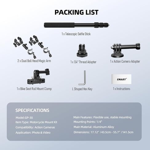 EMART Motorcycle Mount Kit for Insta 360 X4 X5, Bike Handlebar Clamp Mounts | Motorcycle Camera Mount with 55.7" Invisible Selfie Stick for Insta 360 X5 X4 X3 X2 X ONE/DJI OSMO/360 Camera/GoPro in Kuwait