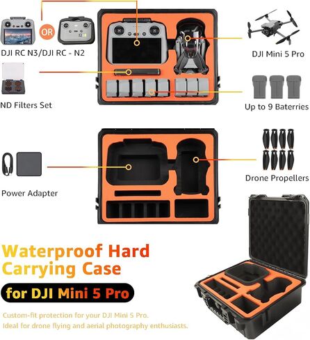 Waterproof Hard Carrying Case for DJI Mini 5 Pro Drone, Fly More Combo, Holds 9 Batteries, DJI RC 2/RC N3 Remote Controller, Charging Hub and Other Accessories | Shockproof, Dustproof in Kuwait