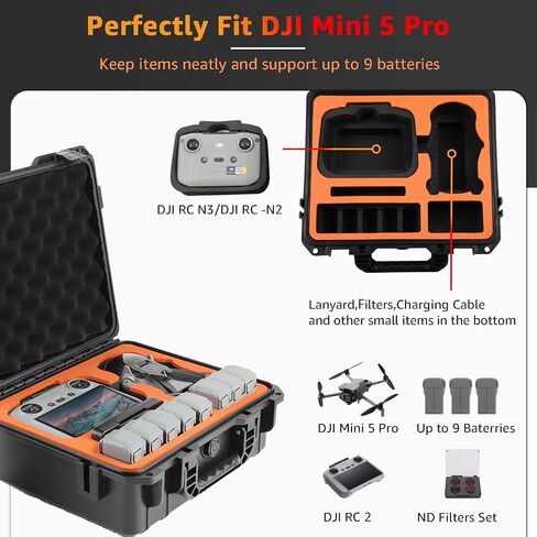 Waterproof Hard Carrying Case for DJI Mini 5 Pro Drone, Fly More Combo, Holds 9 Batteries, DJI RC 2/RC N3 Remote Controller, Charging Hub and Other Accessories | Shockproof, Dustproof in Kuwait
