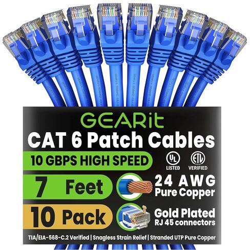 GEARit Cat6 Patch Cables Cat 6 Ethernet Cable 5 ft 10-Pack Black | Ethernet Patch Cable, 10Gbps 550MHz 24AWG Pure Copper, Snagless, Gold Plated RJ45 for Router, Server, Router, PC in Kuwait