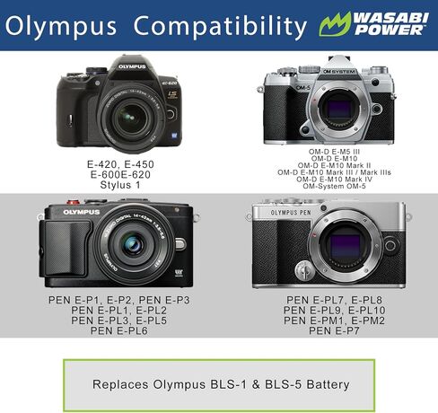 Wasabi Power Battery for Olympus BLS-5, BLS-50, PS-BLS5 & E-420, E-450, E-600, E-620, Pen E-P1, E-P2, E-P3, E-PL1, E-PL3, E-PM1, OM-D E-M10 Mark II, III, IIIs, IV in Kuwait