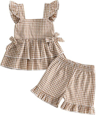 PUHHAPIEY Toddler Baby Girls Summer Outfit Gingham Ruffle Tank Shirt Short | 6 12 18 24 Month 2T 3T Girl Clothes, Sleeveless Ruffle Dress Top + Short Set, Gingham Outfit, Soft and Breathable, Cute in Kuwait