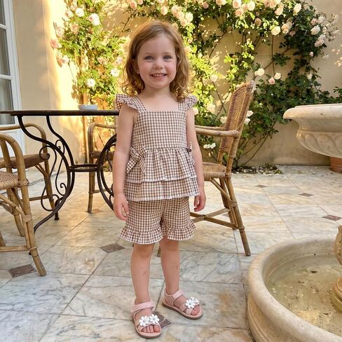 PUHHAPIEY Toddler Baby Girls Summer Outfit Gingham Ruffle Tank Shirt Short | 6 12 18 24 Month 2T 3T Girl Clothes, Sleeveless Ruffle Dress Top + Short Set, Gingham Outfit, Soft and Breathable, Cute in Kuwait