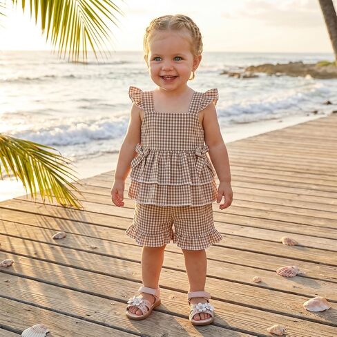 PUHHAPIEY Toddler Baby Girls Summer Outfit Gingham Ruffle Tank Shirt Short | 6 12 18 24 Month 2T 3T Girl Clothes, Sleeveless Ruffle Dress Top + Short Set, Gingham Outfit, Soft and Breathable, Cute in Kuwait
