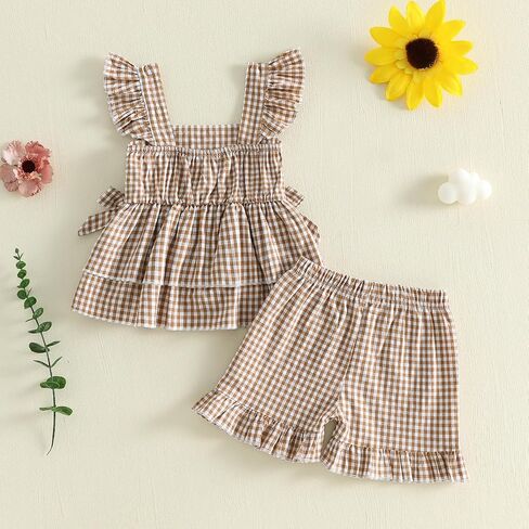 PUHHAPIEY Toddler Baby Girls Summer Outfit Gingham Ruffle Tank Shirt Short | 6 12 18 24 Month 2T 3T Girl Clothes, Sleeveless Ruffle Dress Top + Short Set, Gingham Outfit, Soft and Breathable, Cute in Kuwait