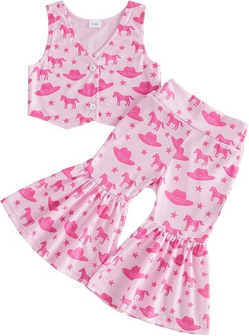 Toddler Baby Girl Summer Clothes Cowgirl Outfit Sleeveless Tank Tops Bell Bottoms Pants Set Cute Western Clothes in Kuwait