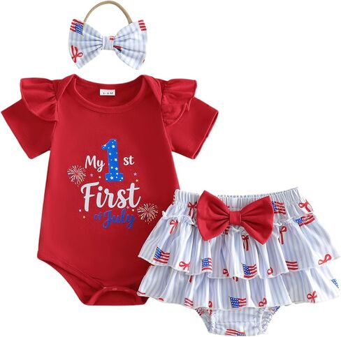 Baby Girl Outfit 4th of July Crew Neck Ruffle Short Sleeve Letters Firework Print Romper Layered Skort and Headband in Kuwait