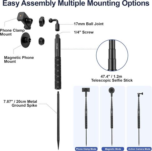 Golf Monopod, Magnetic Phone Stand for Golf Swing Recording | 53.5" phone holder for iPhone/Android, with clamp, MagSafe/metal ring, action camera mount, 1/4"-20 screw, spike, carry bag in Kuwait