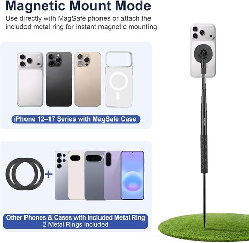 Golf Monopod, Magnetic Phone Stand for Golf Swing Recording | 53.5" phone holder for iPhone/Android, with clamp, MagSafe/metal ring, action camera mount, 1/4"-20 screw, spike, carry bag in Kuwait