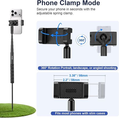 Golf Monopod, Magnetic Phone Stand for Golf Swing Recording | 53.5" phone holder for iPhone/Android, with clamp, MagSafe/metal ring, action camera mount, 1/4"-20 screw, spike, carry bag in Kuwait