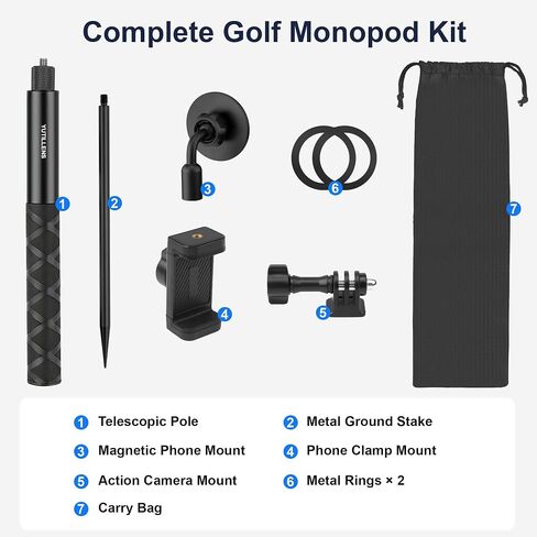 Golf Monopod, Magnetic Phone Stand for Golf Swing Recording | 53.5" phone holder for iPhone/Android, with clamp, MagSafe/metal ring, action camera mount, 1/4"-20 screw, spike, carry bag in Kuwait